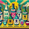 A colorful pop-art style illustration of different types of Japanese sake. The image showcases various sake bottles and cups arranged on a wooden table, each labeled with distinct categories such as Junmai, Daiginjo, and Honjozo. The background features a stylized rice field from Miyagi Prefecture, symbolizing the local production of the sake. The illustration has a fun, lively aesthetic with bright colors and clean lines.