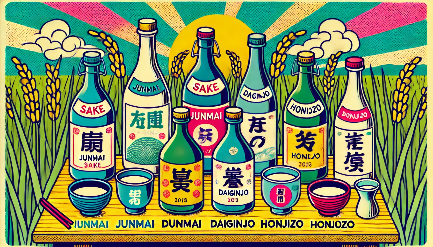 A colorful pop-art style illustration of different types of Japanese sake. The image showcases various sake bottles and cups arranged on a wooden table, each labeled with distinct categories such as Junmai, Daiginjo, and Honjozo. The background features a stylized rice field from Miyagi Prefecture, symbolizing the local production of the sake. The illustration has a fun, lively aesthetic with bright colors and clean lines.