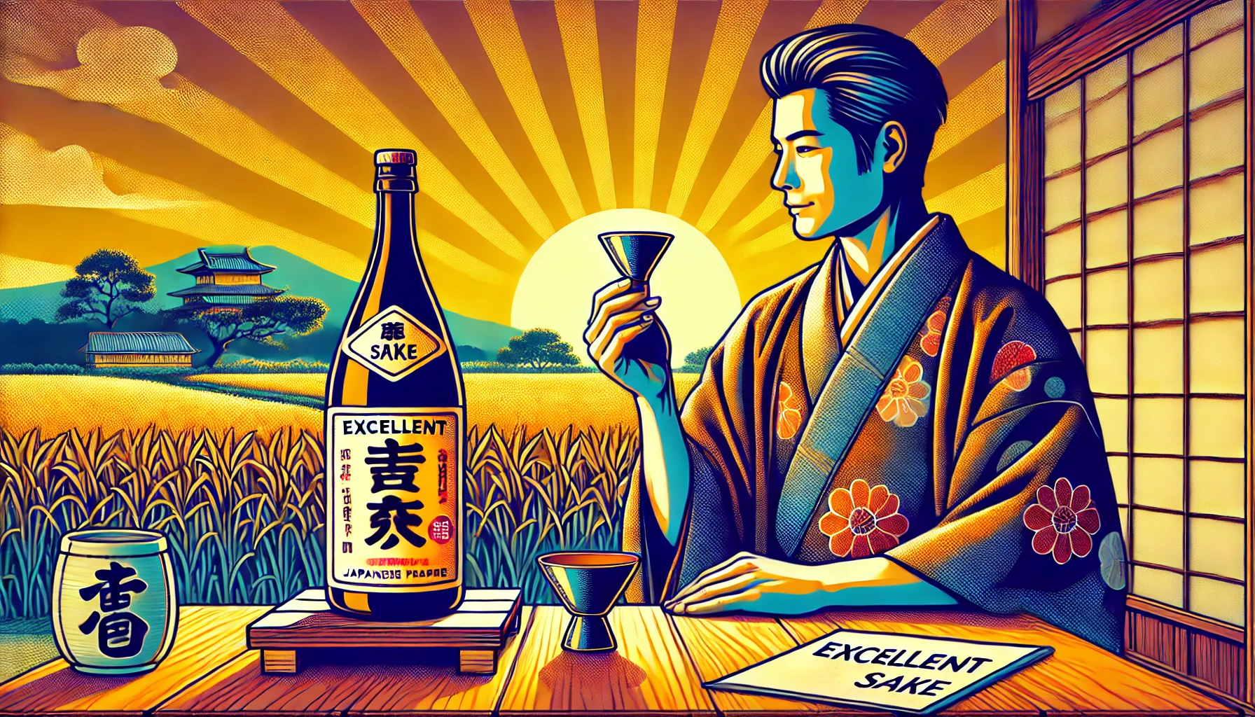 A vibrant, pop-art style illustration of a high-quality Japanese sake being evaluated positively. The scene showcases a traditional sake bottle and cup placed on a wooden table with warm lighting. A Japanese expert in a traditional kimono examines the sake with a satisfied expression. The background features a serene Japanese landscape with rice fields, representing Miyagi Prefecture. The color palette is lively and warm, emphasizing the premium quality of the sake. The text 'Excellent Sake' is subtly incorporated into the scene as part of the aesthetic.