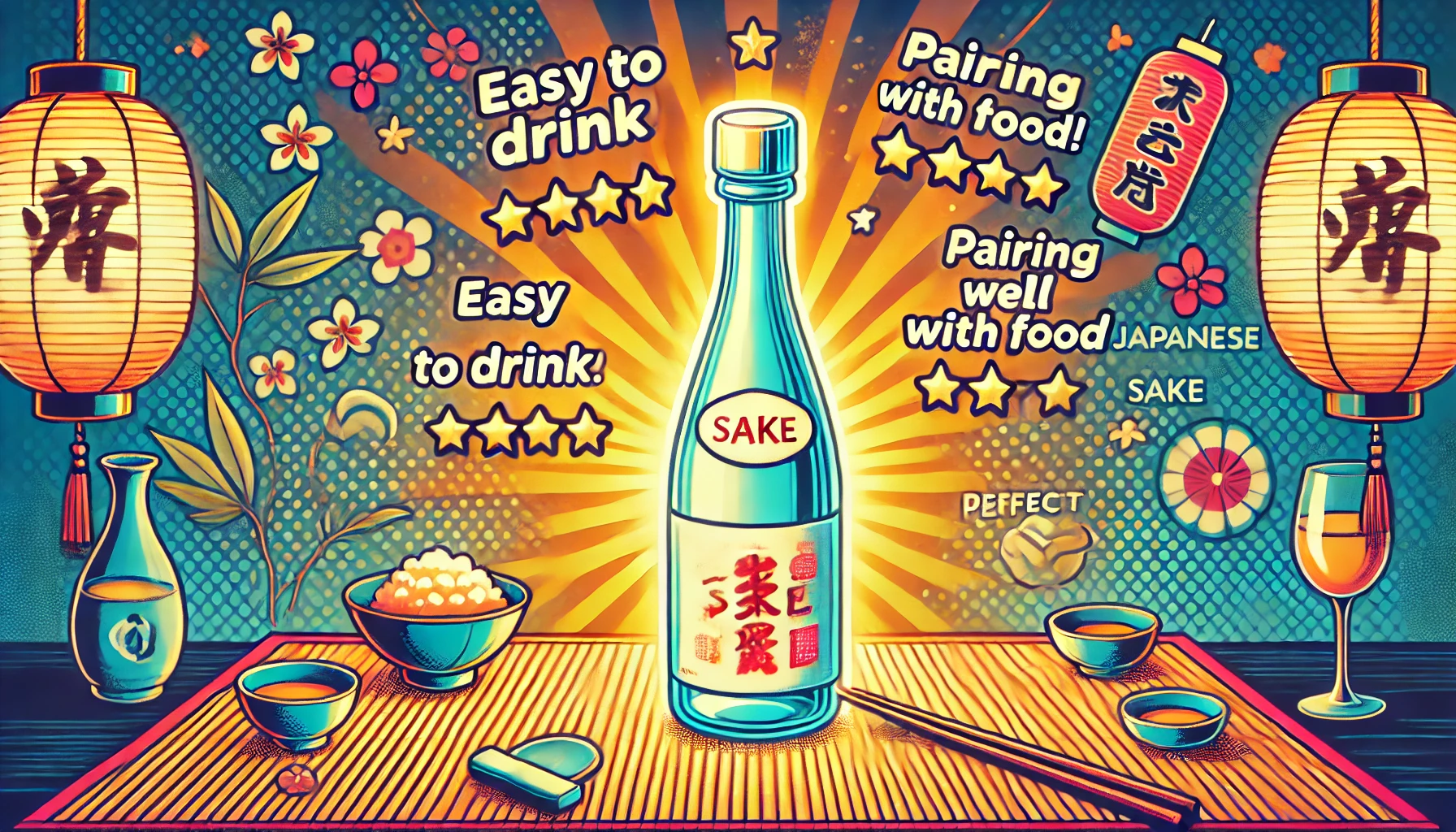 A vibrant, pop-art style illustration of a highly-rated Japanese sake, praised for being easy to drink and pairing well with food. The scene features a glowing bottle of sake with positive reviews floating around, stylized in a cheerful and inviting manner. The background includes subtle elements of Japanese cuisine, emphasizing the perfect pairing.