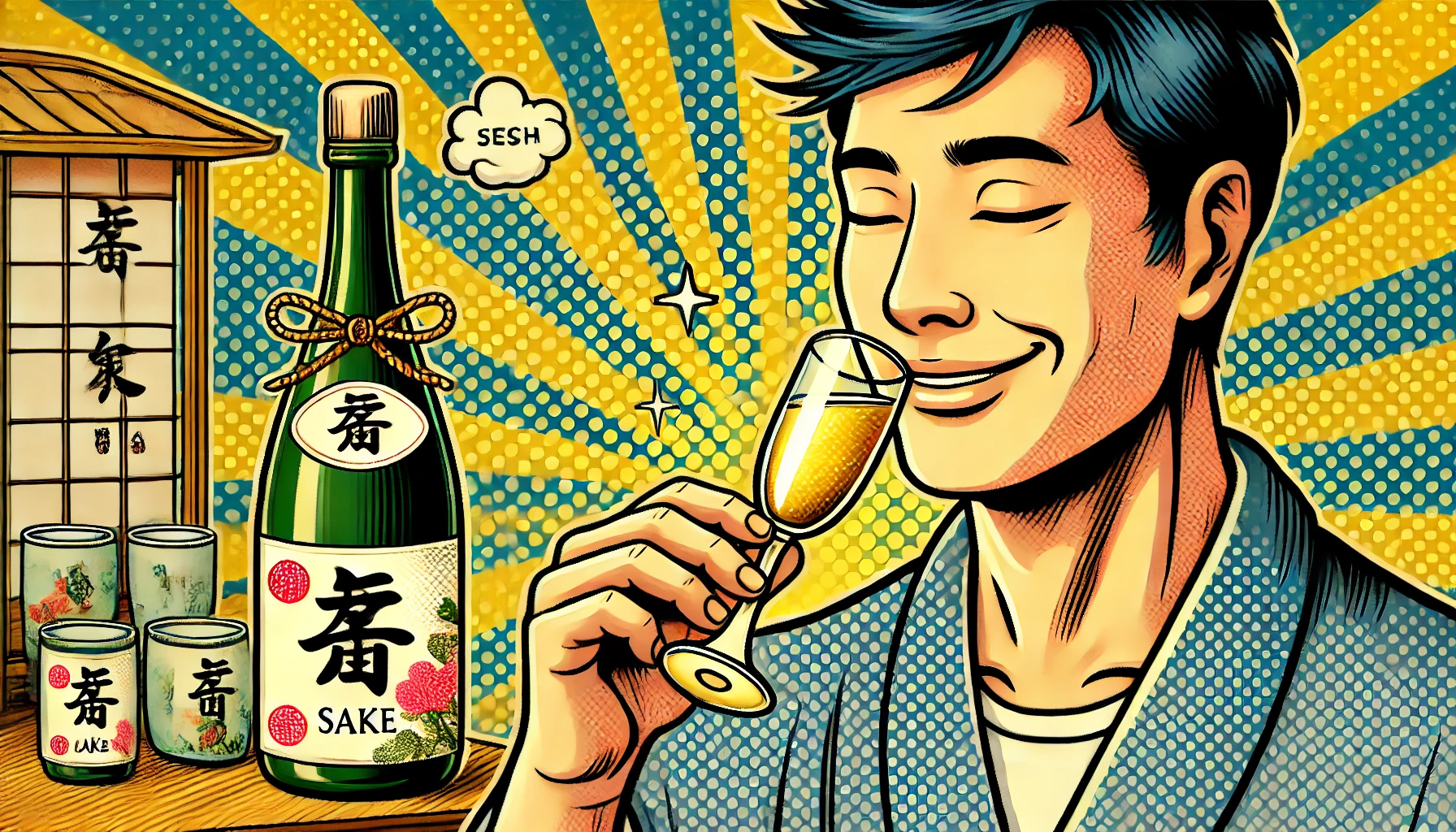 A pop-art style illustration of a delicious Japanese sake, known for being easy to drink and pairing well with food. The focus is on the taste experience, with a glowing sake bottle and a Japanese person savoring a sip with a happy expression. The background includes elegant traditional Japanese elements.