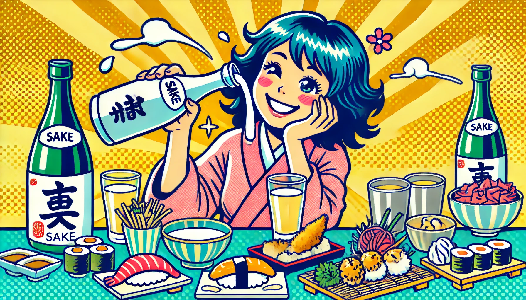 A cheerful, pop-art style illustration showing a Japanese person enjoying sake in a fun and relaxed way. The scene includes a variety of food pairings like sushi and tempura, emphasizing the joyful experience of drinking sake. The colors are bright and inviting, creating a lively atmosphere.