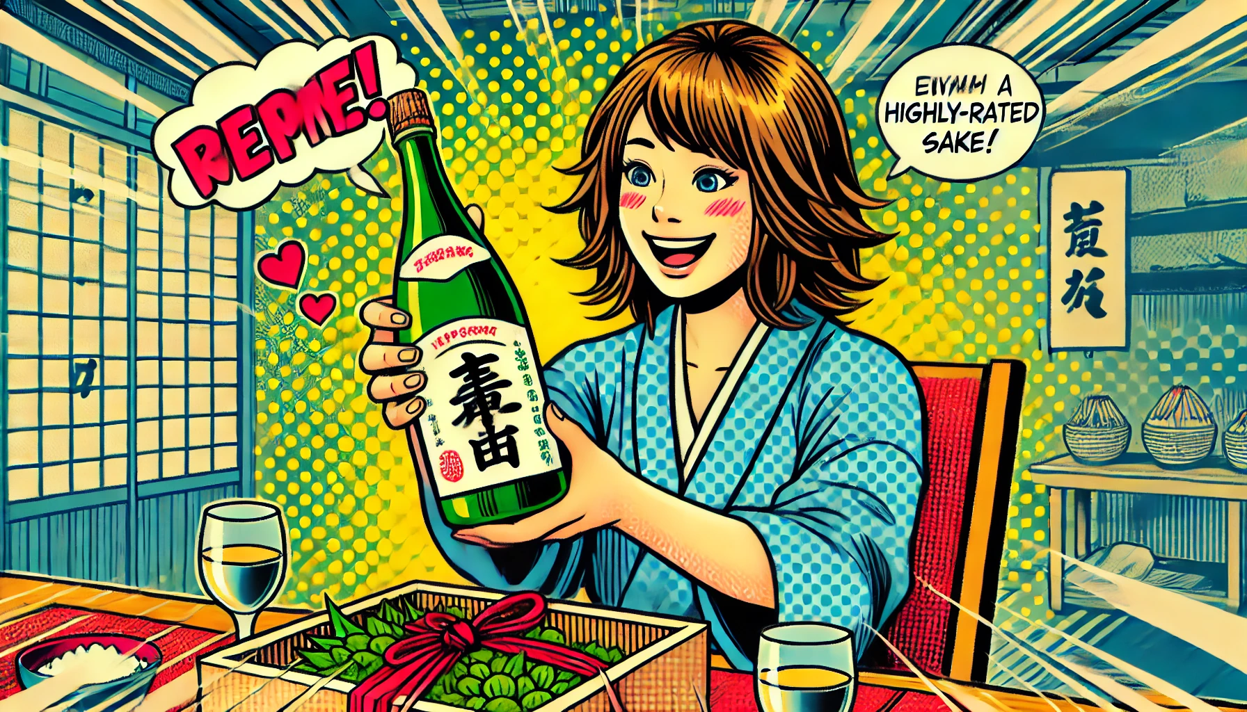 A vibrant, pop-art style illustration of a Japanese person excitedly receiving a bottle of highly-rated sake. The scene captures their joyful expression as they hold the bottle, surrounded by a celebratory atmosphere. The background includes subtle hints of Japanese culture, adding warmth and excitement.