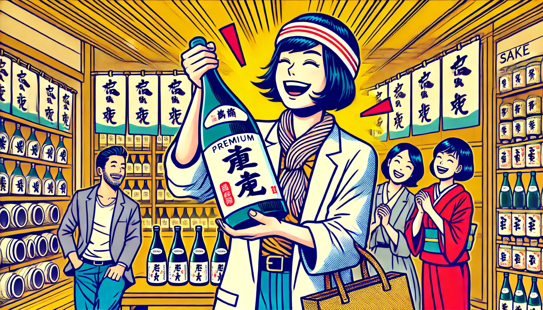 A cheerful pop-art style illustration of a Japanese person joyfully receiving a bottle of premium Japanese sake. The person, dressed in casual yet stylish attire, holds the sake bottle with excitement, surrounded by friends in a warm, celebratory atmosphere. The background features a stylized sake shop in Miyagi Prefecture, with neatly arranged bottles on display. The scene radiates happiness and appreciation for traditional sake culture, with vibrant colors enhancing the festive mood.