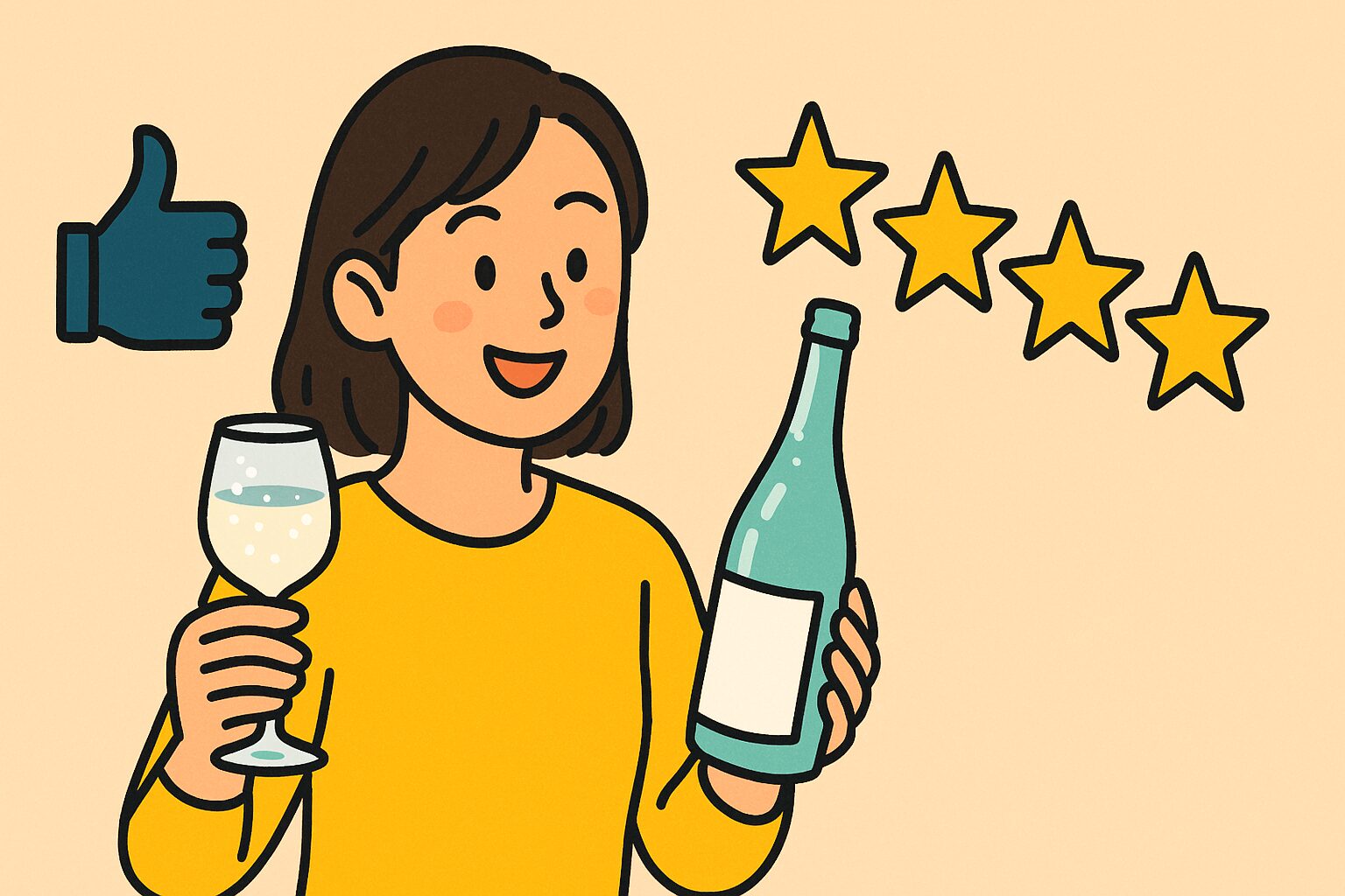 笑顔で低アルコールスパークリング日本酒を手に持ち高評価を示す日本人女性のイラスト