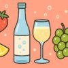 低アルコールのスパークリング日本酒とグラス、イチゴ、ブドウ、レモンが並ぶポップなイラスト