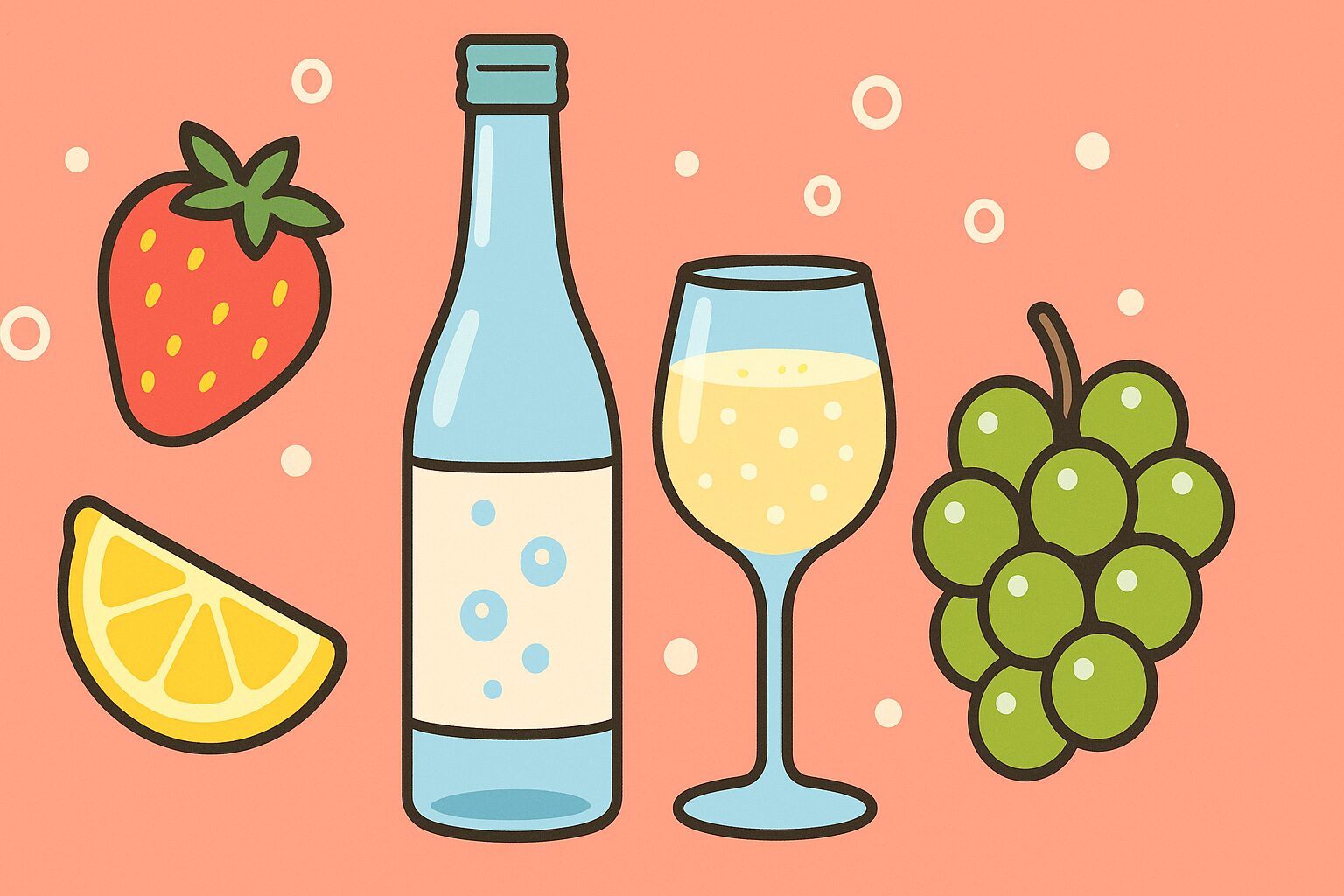 低アルコールのスパークリング日本酒とグラス、イチゴ、ブドウ、レモンが並ぶポップなイラスト