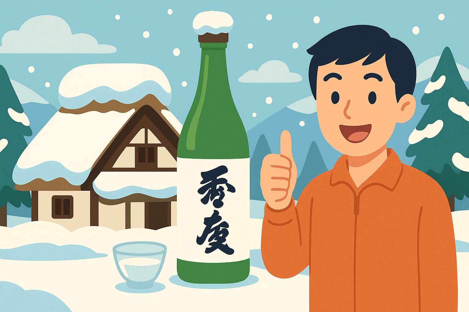 雪景色の中、茅葺き屋根の家と日本酒を背景に笑顔で親指を立てる日本人男性
