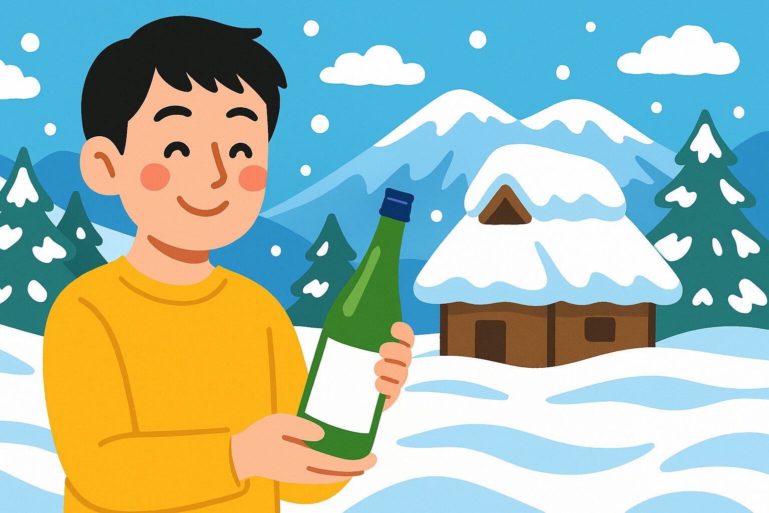 雪景色の中で日本人男性が日本酒を手に持って微笑んでいる様子