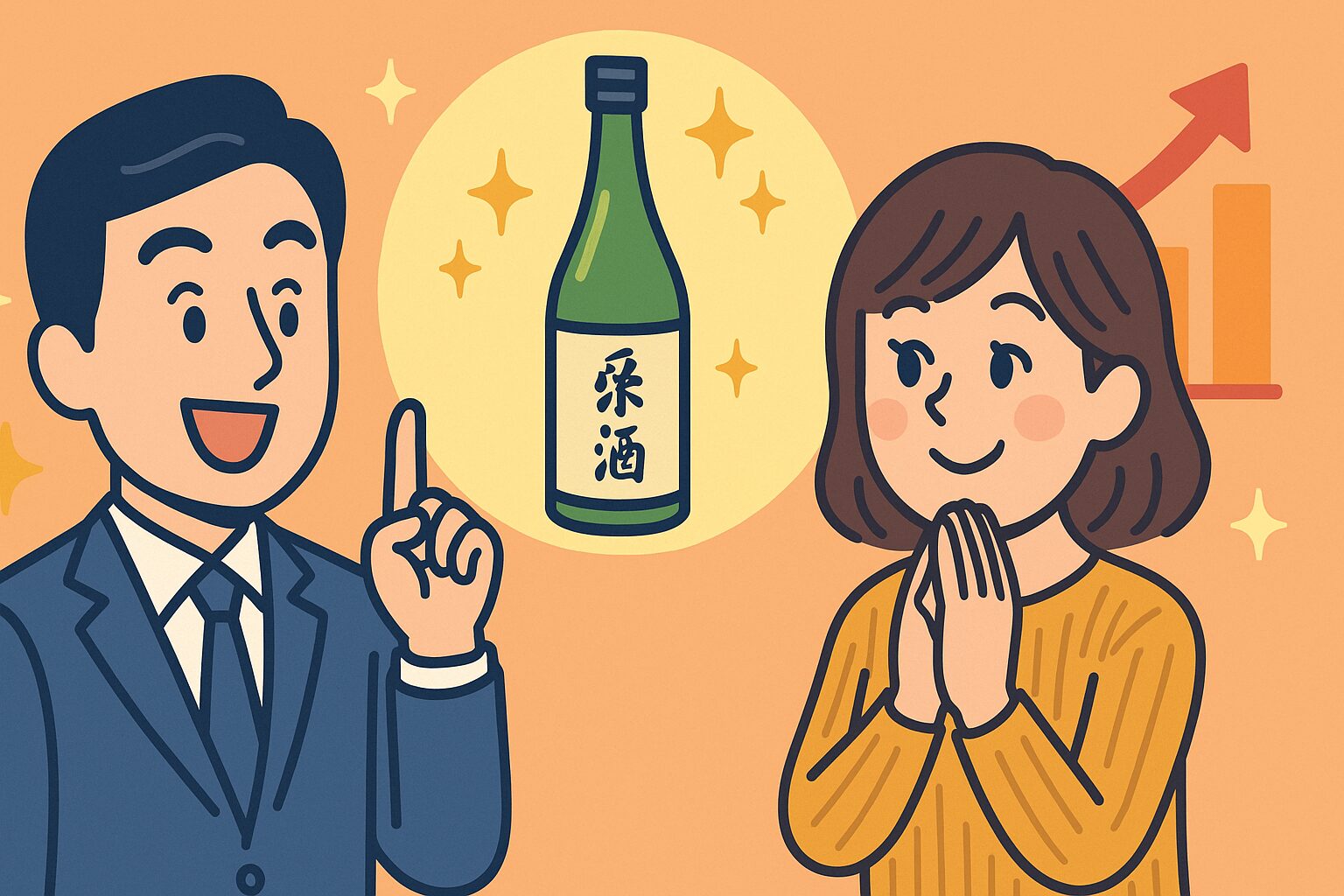 スーツ姿の日本人男性と黄色い服の日本人女性が高級な日本酒を前に笑顔で語り合うイラスト