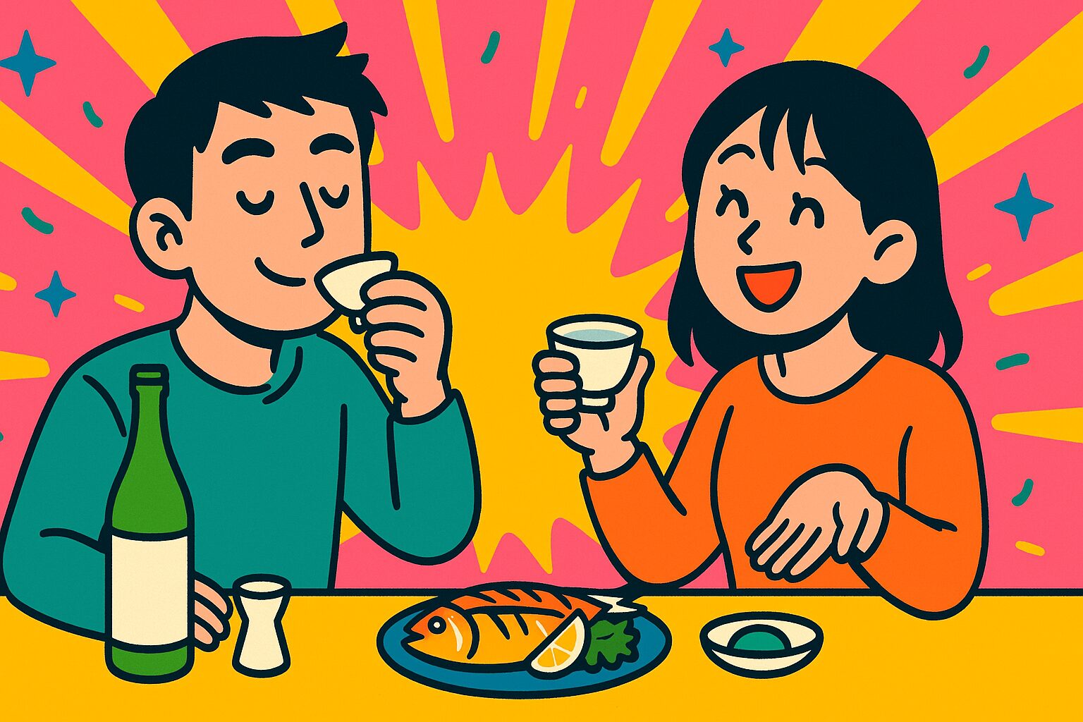 テーブルで日本酒と料理を楽しむ笑顔の日本人カップルのイラスト