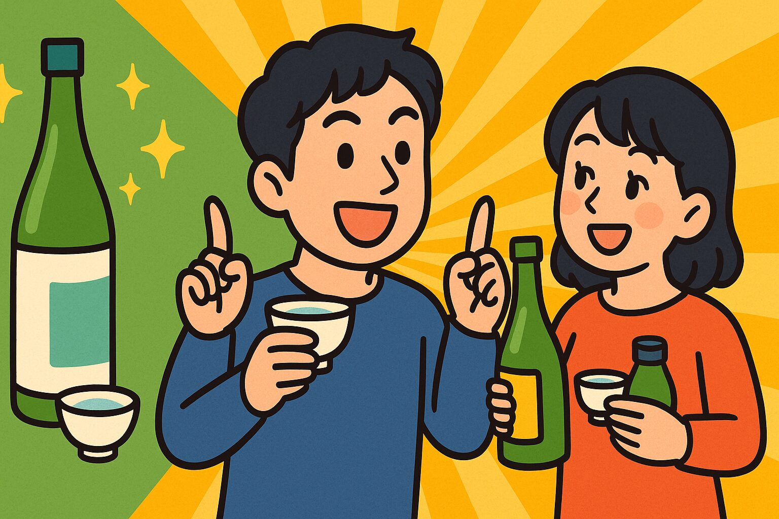日本酒を手にした日本人の男女が笑顔で晩酌を楽しむポップなイラスト