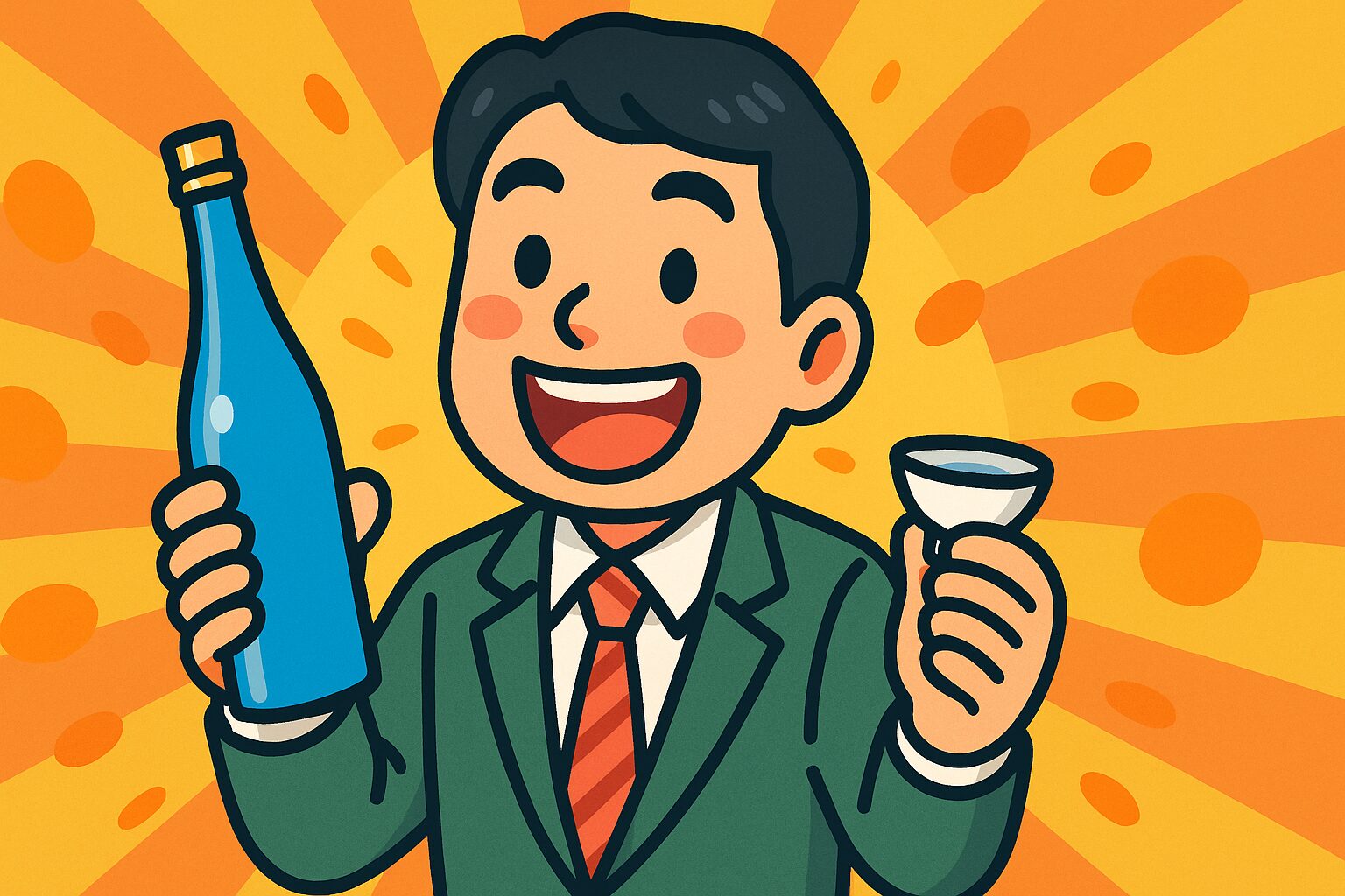 明るい背景の前で青い酒瓶とおちょこを持って笑顔を見せる日本人男性のイラスト
