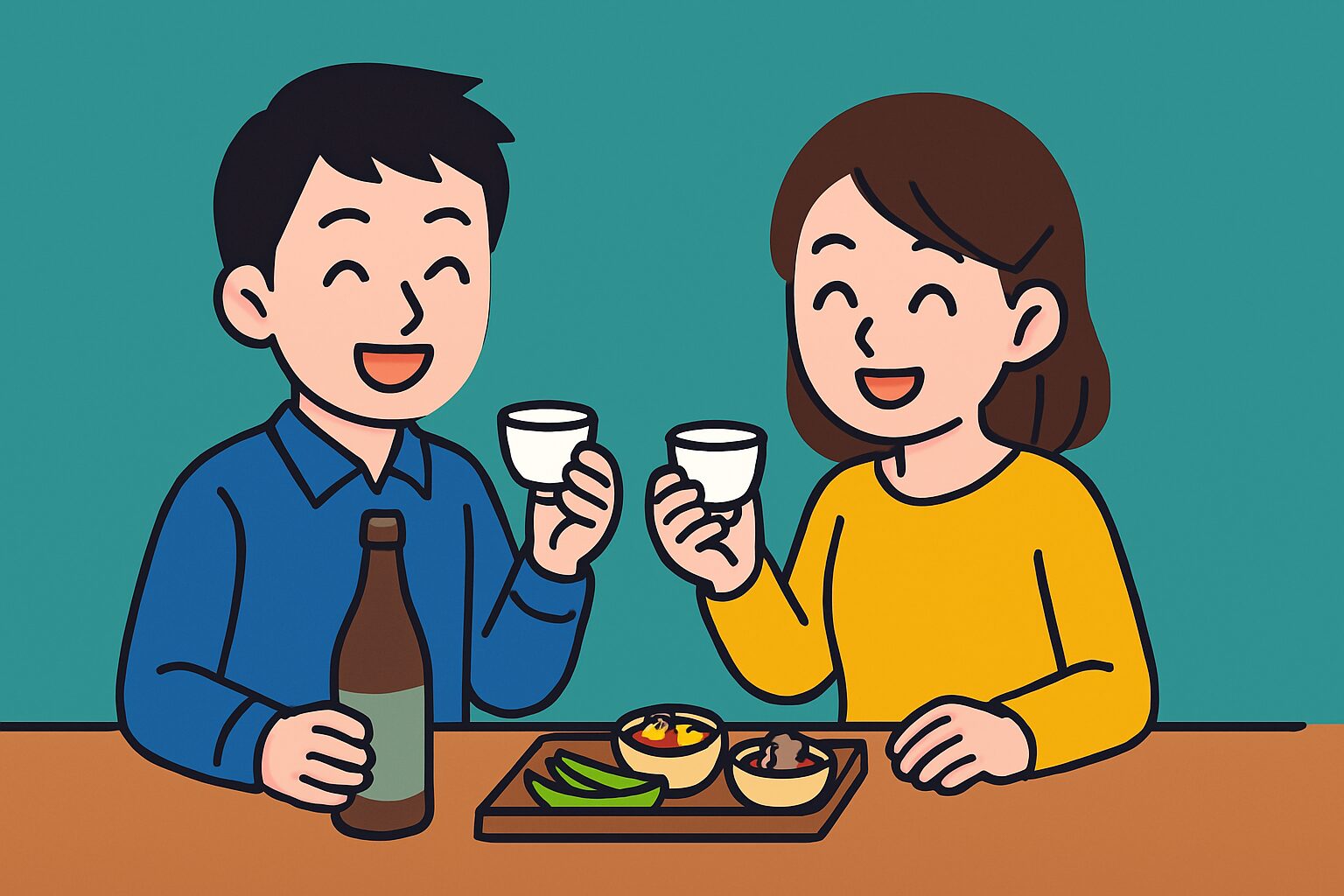 テーブルで日本酒とおつまみを楽しむ笑顔の日本人男女のイラスト