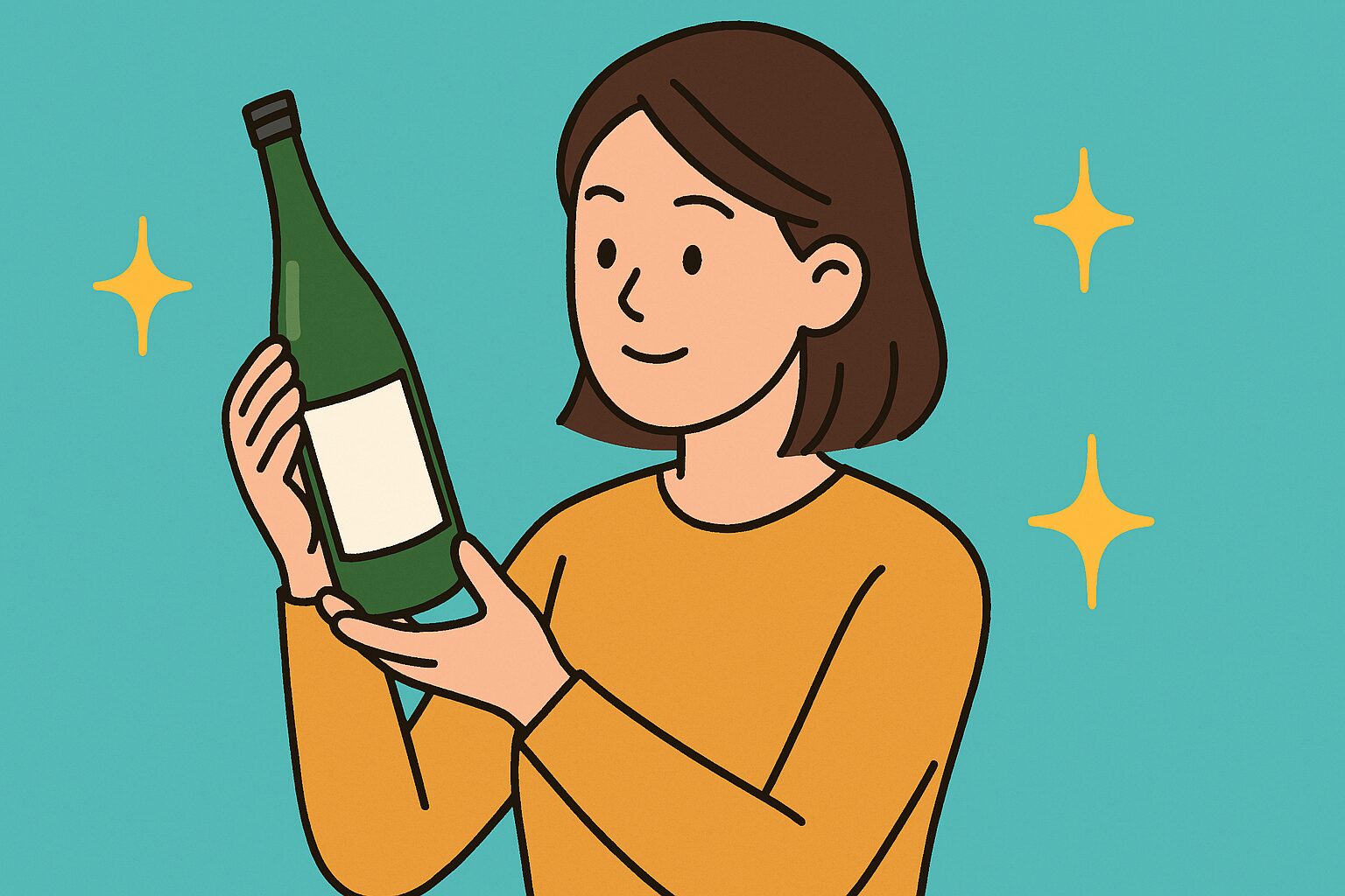 女性が日本酒の瓶を嬉しそうに見つめるポップなイラスト、背景は水色で星が描かれている