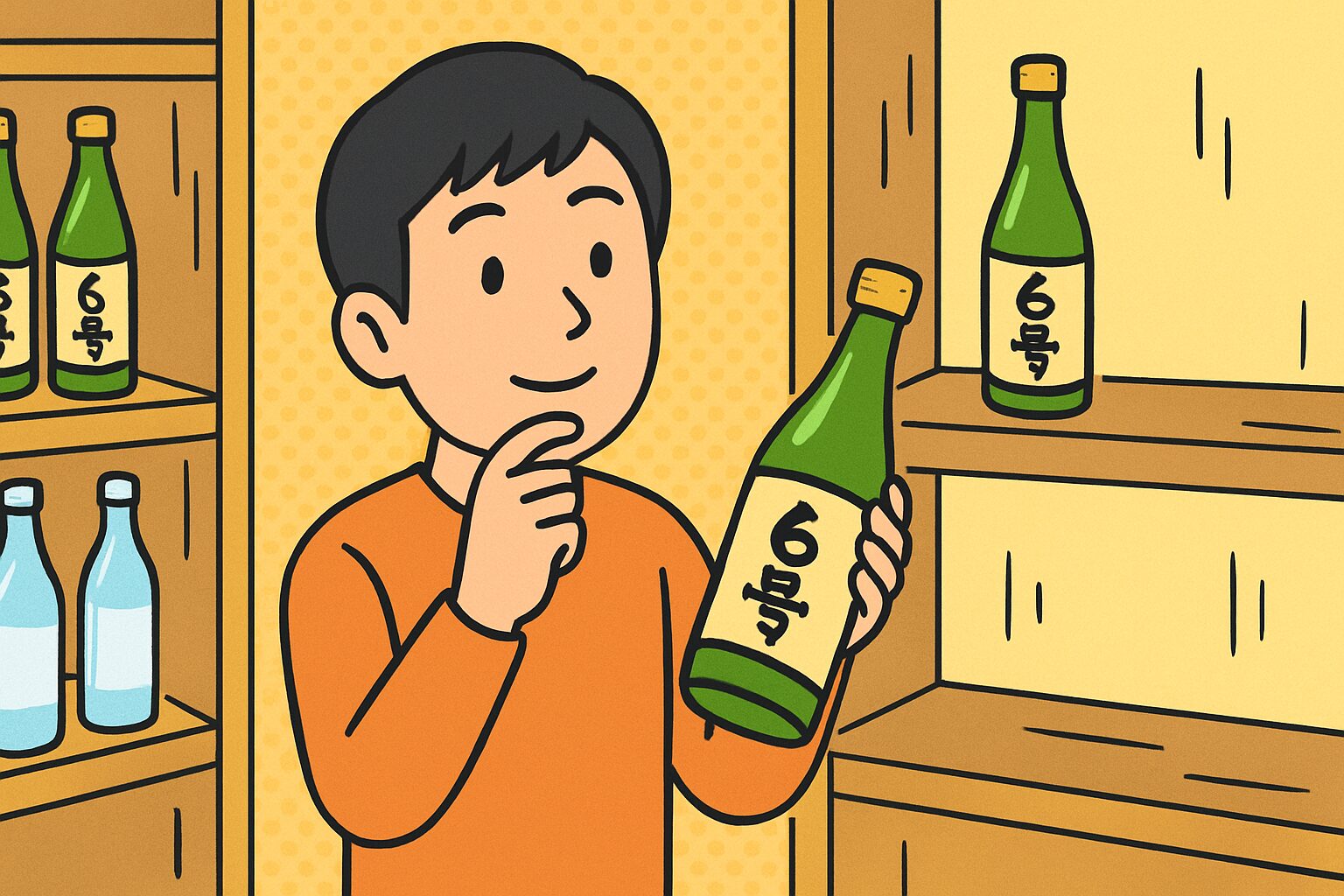 日本人男性が日本酒売り場で「6号」と書かれた瓶を手に取り嬉しそうにしている様子