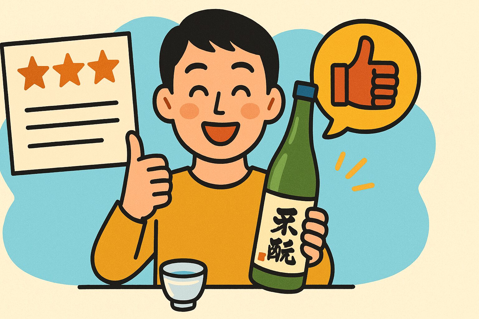 日本酒のレビューに高評価をつけて親指を立てる日本人男性のイラスト。背景は明るくポップな雰囲気。