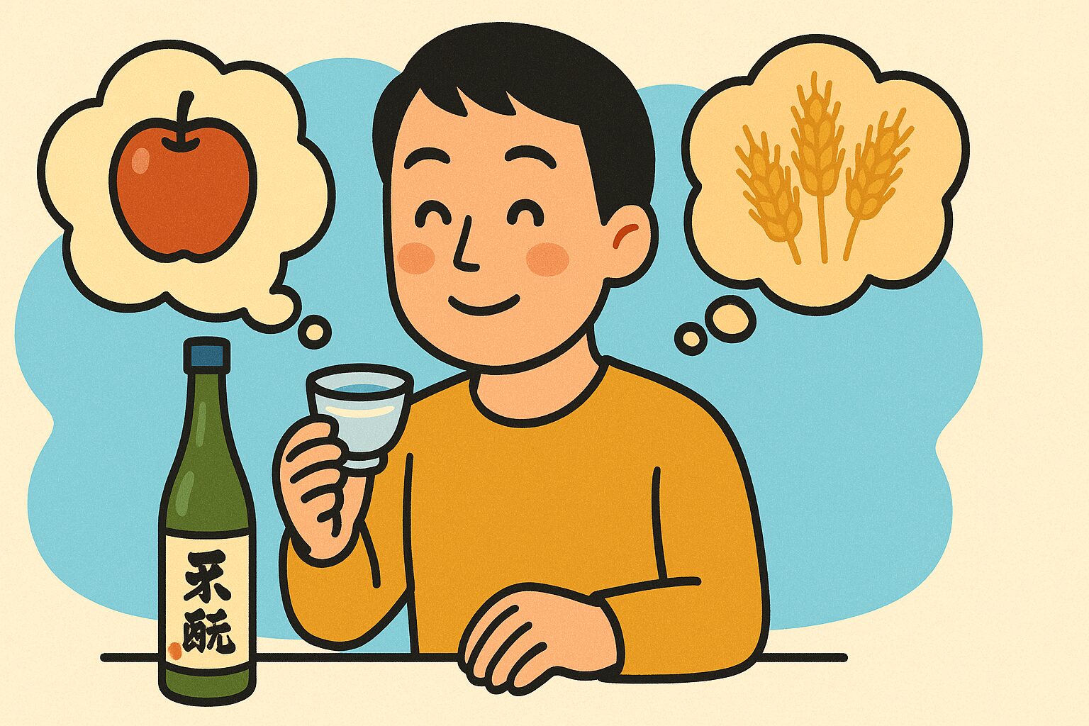 日本酒を味わいながら香りを楽しむ日本人男性が笑顔でテーブルに座っているイラスト。